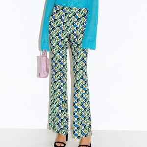 Zara Retro Blue green printed flared Trousers M